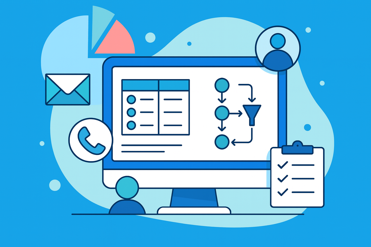 Illustration of SDR outbound workflow and sales communication icons in Cold Call Me brand colors